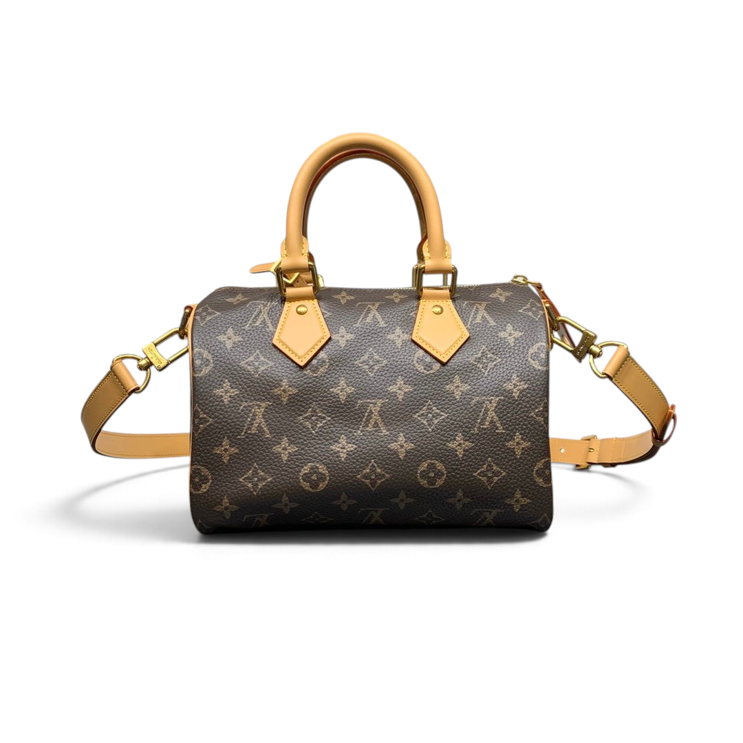 SWORD LUXURY Speedy Bandoulière 25 çanta, ikonik monogram desenli deri, altın tonlu donanım ve ayarlanabilir askı.