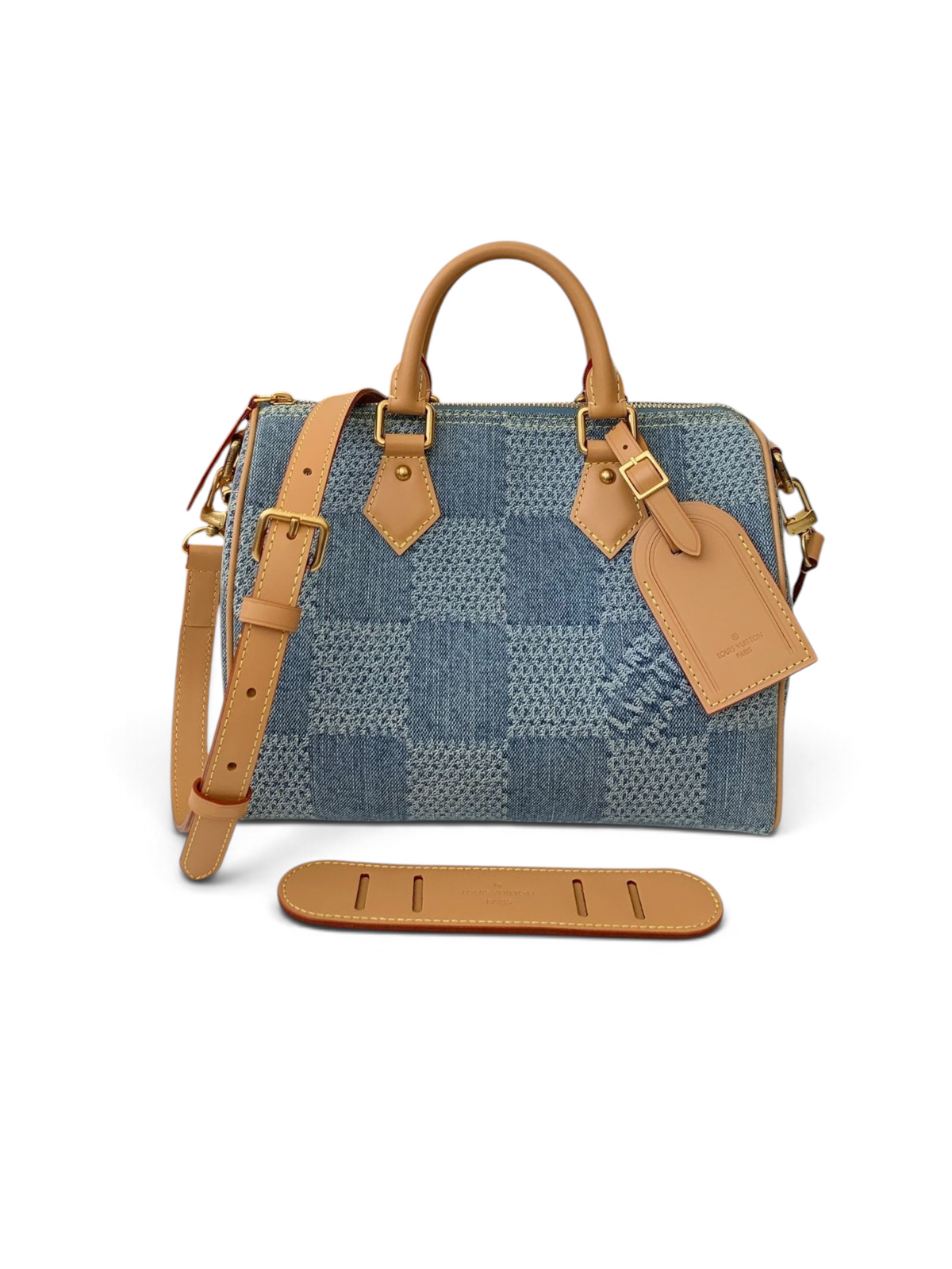 SWORD LUXURY marka, Damier desenli mavi denim ve taba rengi deri detaylı Louis Vuitton Speedy çanta.