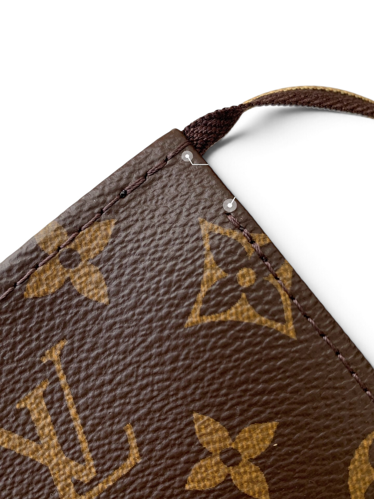 SWORD LUXURY Toiletry Pouch 26, ikonik kahverengi monogram kanvas detayları ve kaliteli dikiş yapısı ile yakın çekim.
