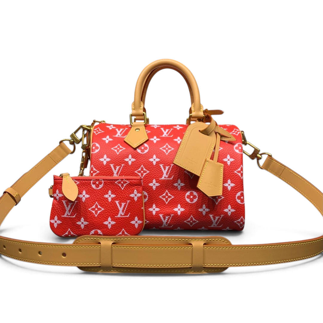 SWORD LUXURY kırmızı monogram kabartmalı deri Speedy Bandoulière 25 çanta, çıkarılabilir omuz askısı ve küçük cüzdan ile.