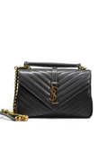 SWORD LUXURY siyah kapitone deri Saint Laurent Collage çanta, chevron desenli, YSL logolu ve zincir askılı.