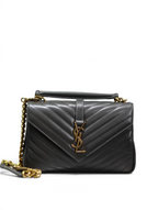 SWORD LUXURY siyah kapitone deri Saint Laurent Collage çanta, chevron desenli, YSL logolu ve zincir askılı.