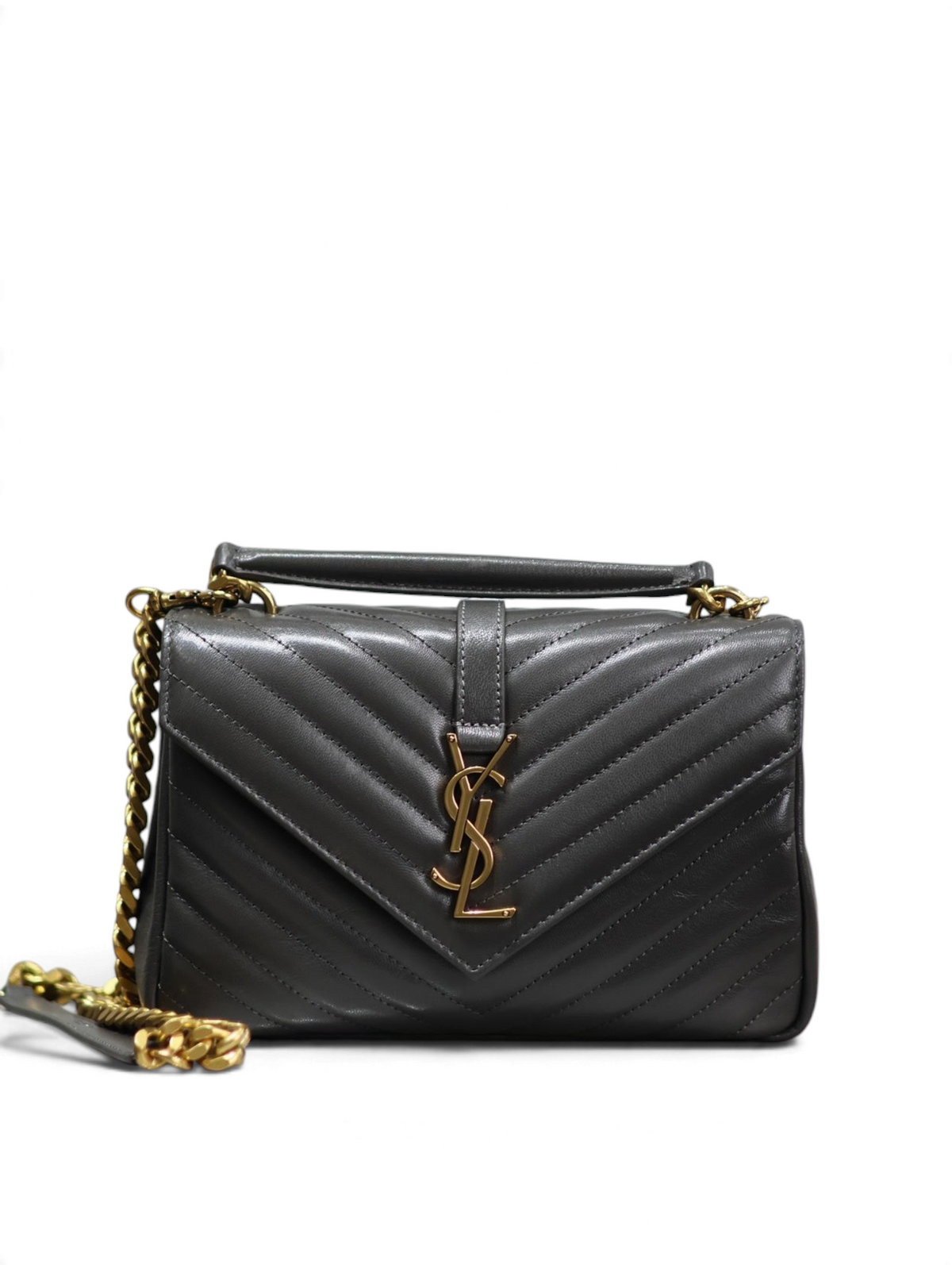 SWORD LUXURY siyah kapitone deri Saint Laurent Collage çanta, chevron desenli, YSL logolu ve zincir askılı.