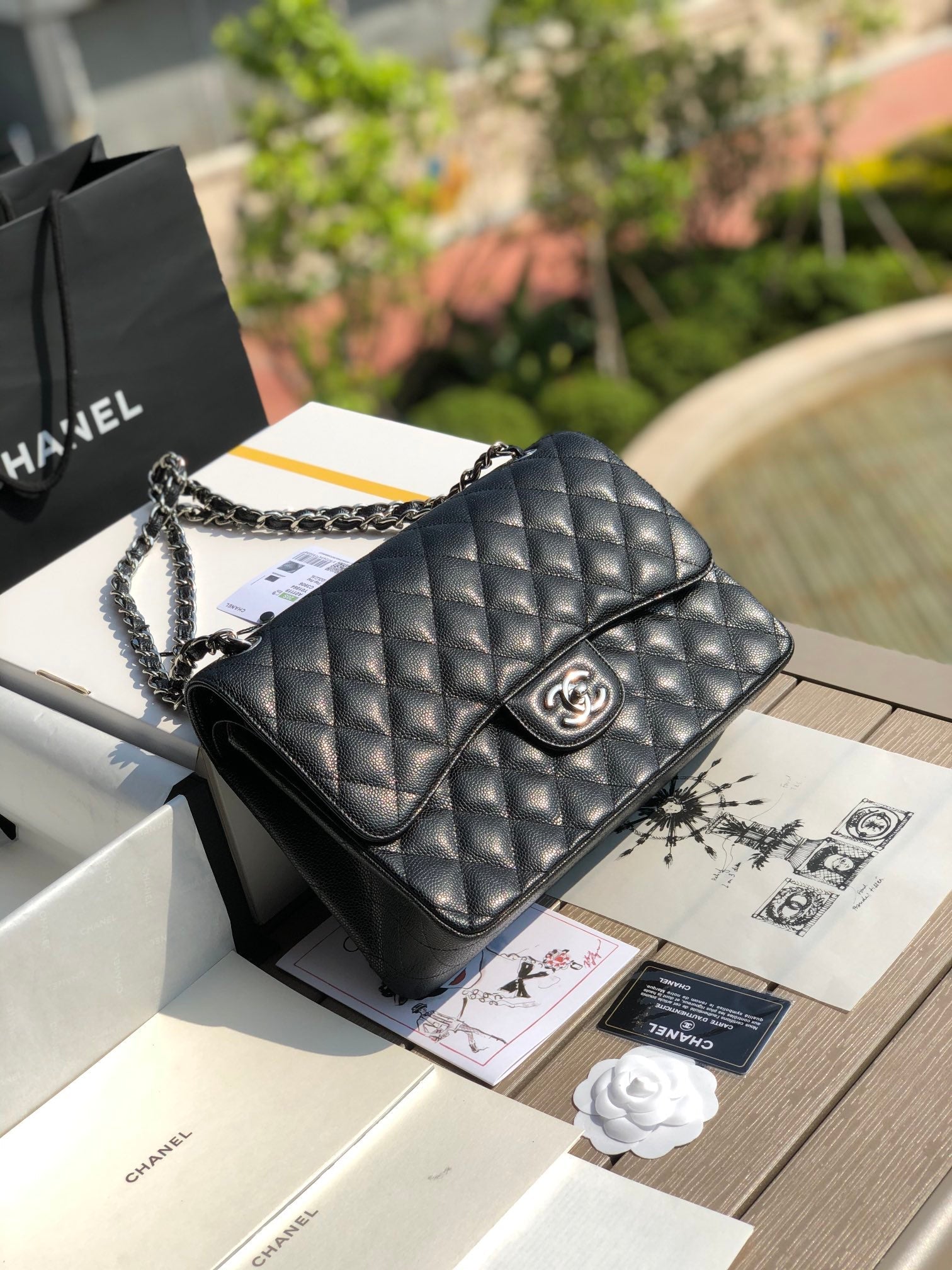 3.55 Large Caviar Leather Classic Double Flap Bag - Silver hardware
