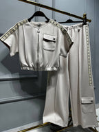 Beige 2-Piece Luxury Set – Zip Top & Wide-Leg Pants