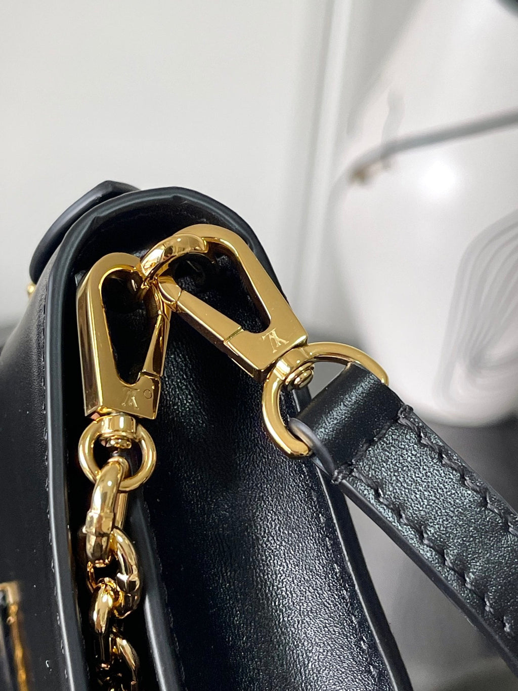 Capucines Wallet On Chain in Black Leather with Gold Chain