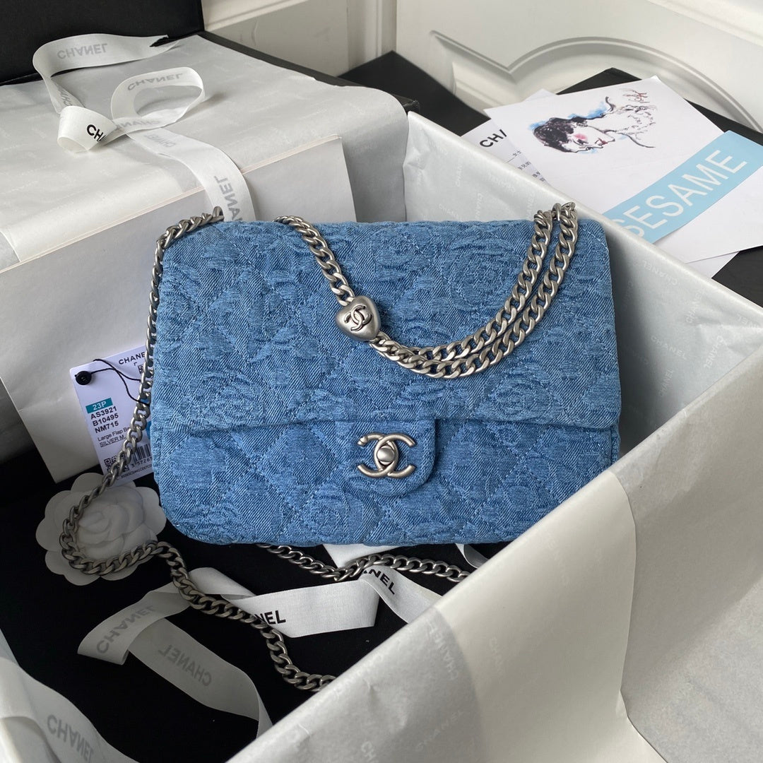 Denim Flap Bag with Silver-Tone Chain