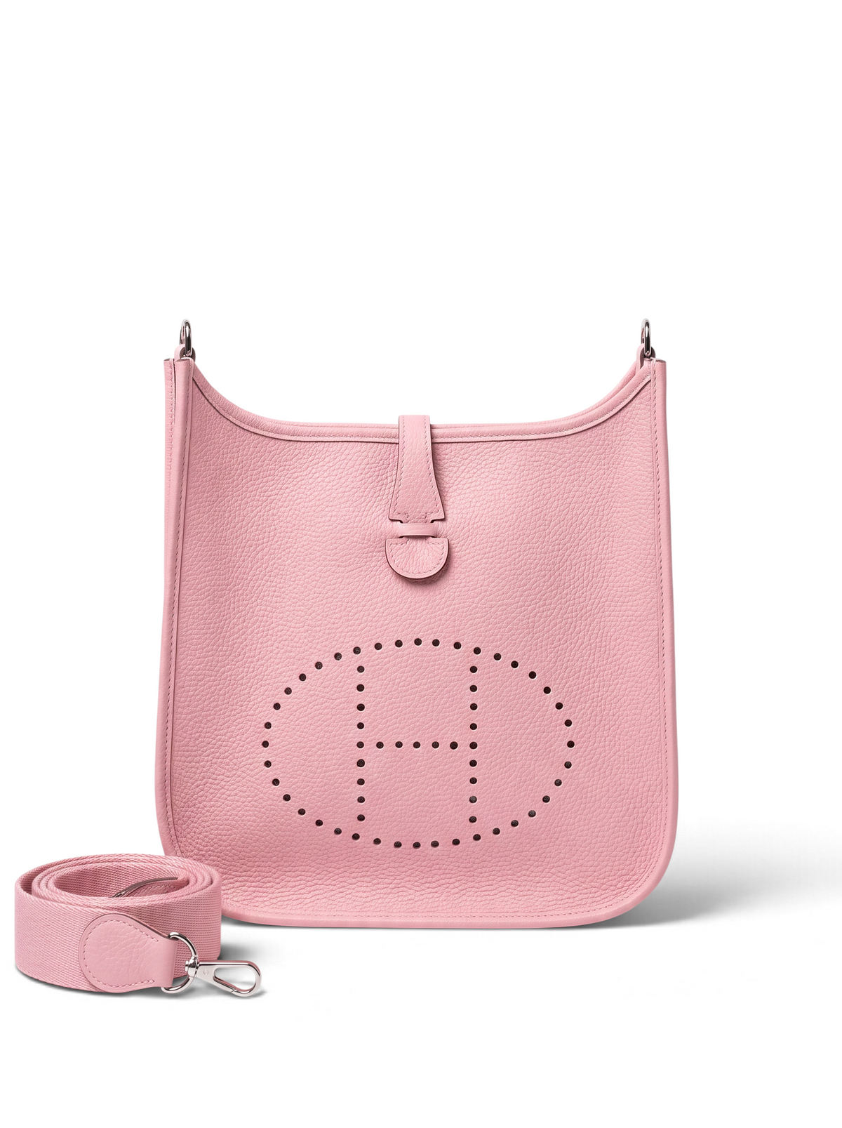SWORD LUXURY pembe renkli, delikli H logolu, deri Hermès Evelyne PM 28 çapraz çanta ve ayarlanabilir kanvas askısı.