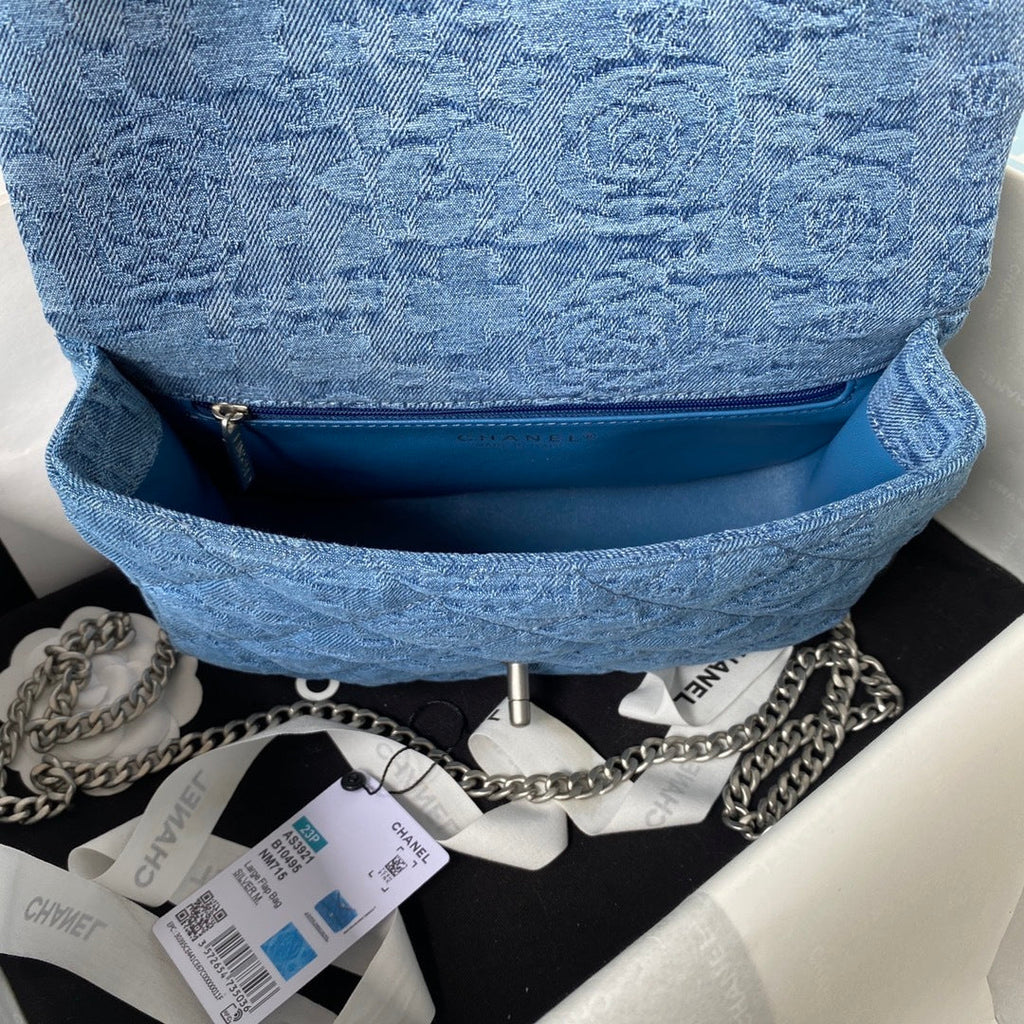 Denim Flap Bag with Silver-Tone Chain