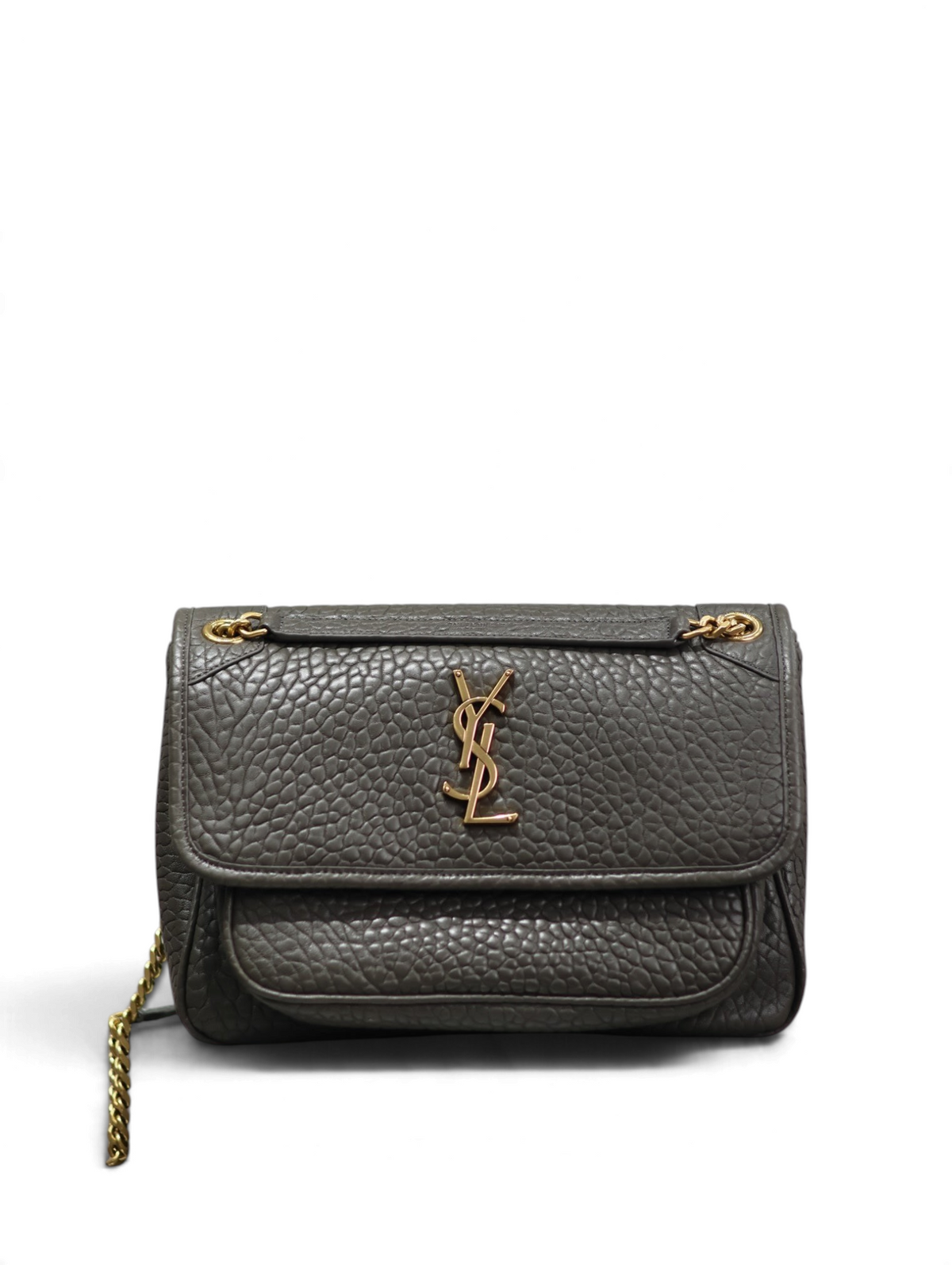 SWORD LUXURY Niki orta boy gri damarlı deri omuz çantası, altın tonlu YSL logo ve zincir askı detaylı.