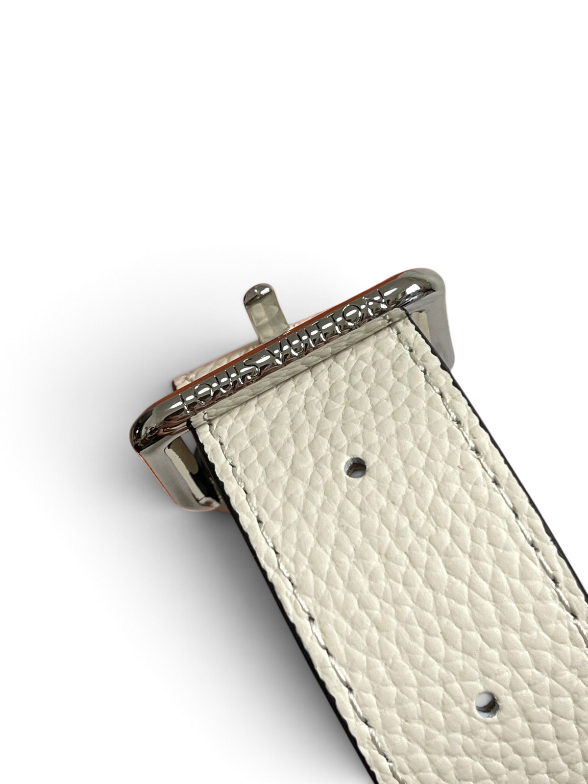 SWORD LUXURY Louis Vuitton Hand It All MM çanta için gümüş metal tokalı ve dokulu beyaz deri kayış detayı