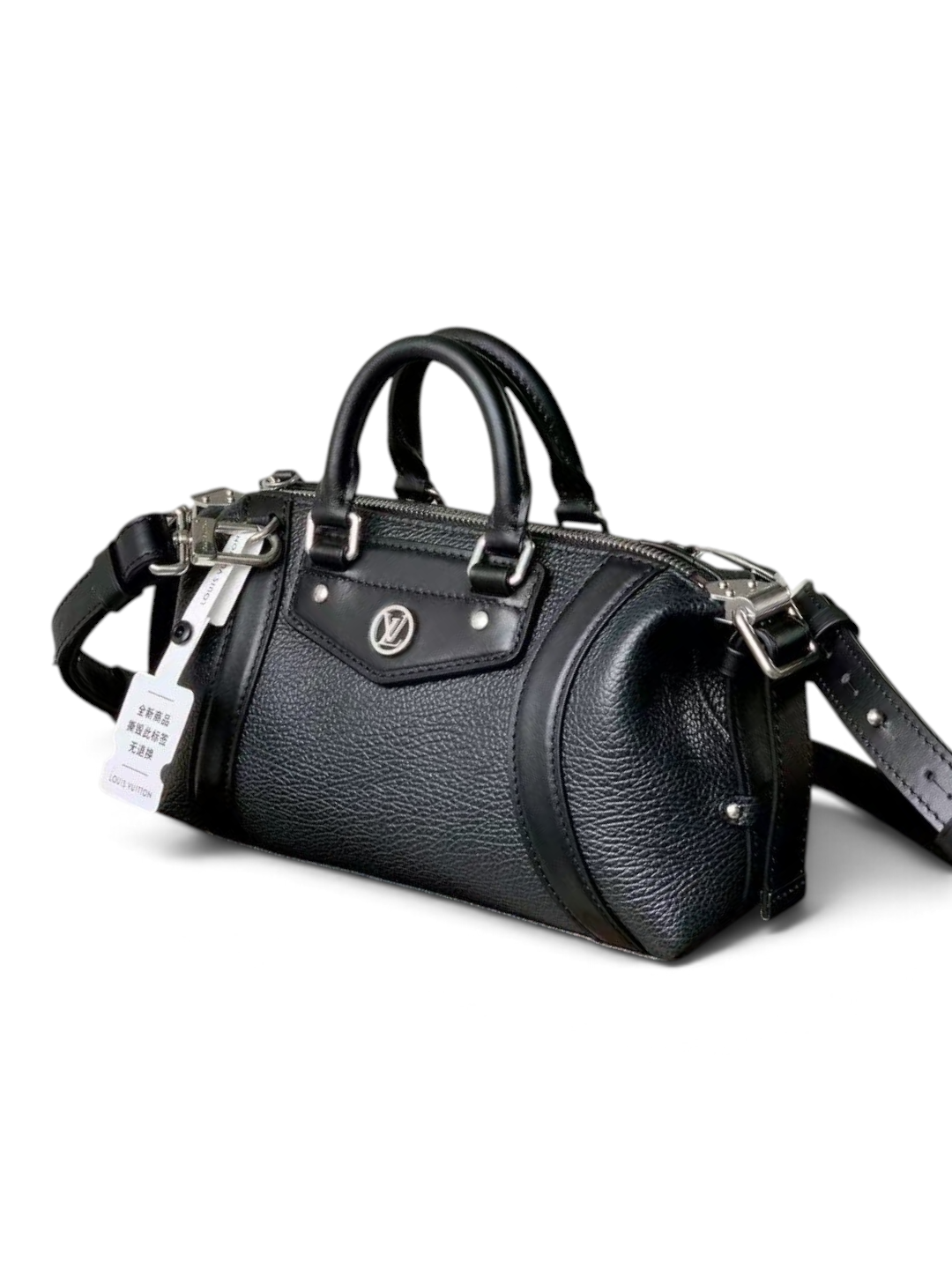SWORD LUXURY siyah deri Speedy satchel çanta, gümüş donanım ve ayarlanabilir omuz askısı ile şık tasarım.