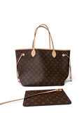 SWORD LUXURY Neverfull MM monogram kanvas çanta, bej deri detaylı ve çıkarılabilir fermuarlı cüzdan ile.