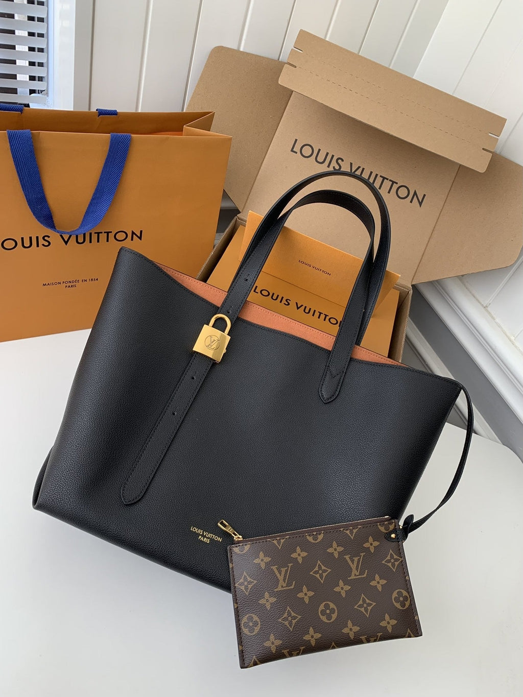 Calfskin Leather Tote Bag with Monogram Pouch
