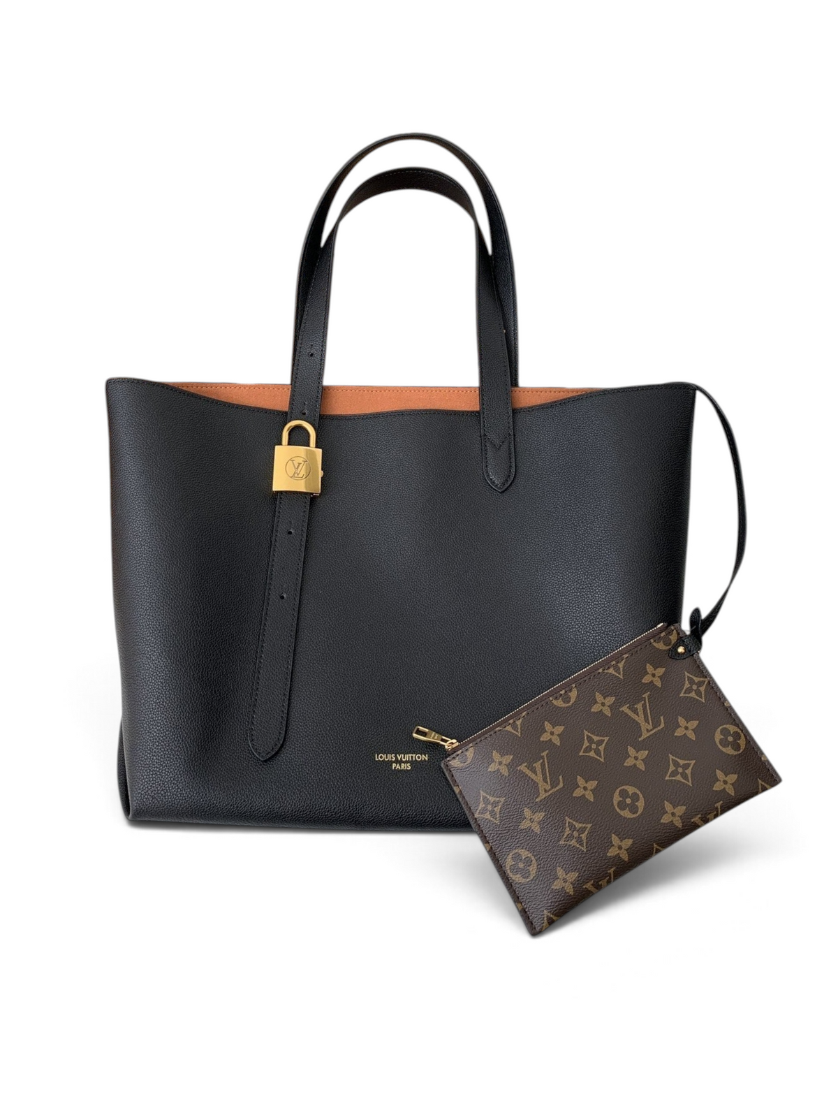 SWORD LUXURY siyah deri Louis Vuitton tote çanta, altın tonlu kilit detayı ve monogram desenli çıkarılabilir küçük çanta