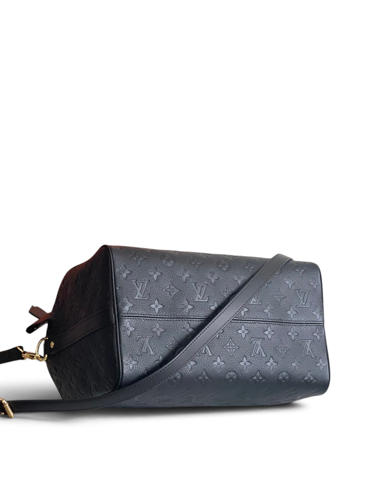 SWORD LUXURY siyah Monogram Empreinte deri Louis Vuitton Speedy Bandoulière 25 çanta, altın tonlu donanımlı