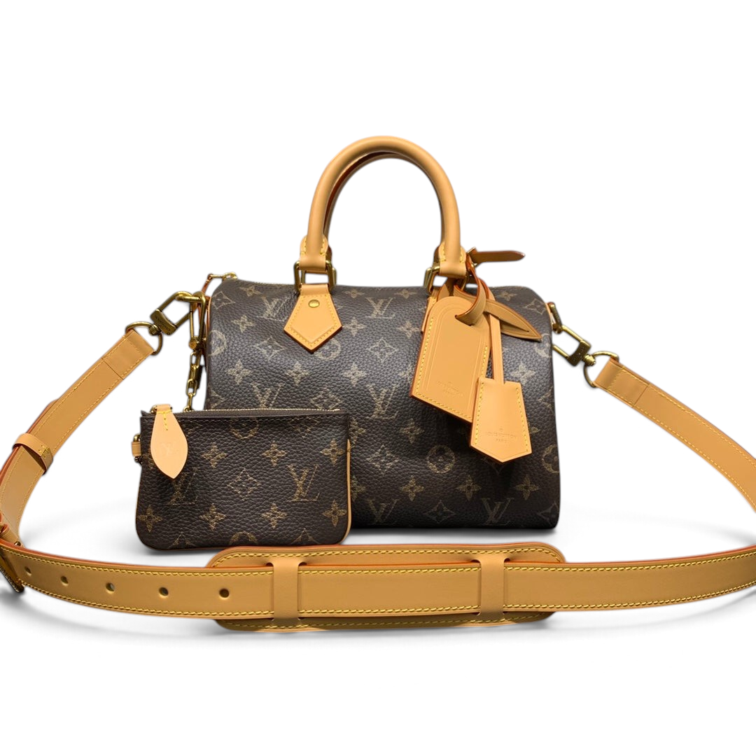 SWORD LUXURY Speedy Bandoulière 25 çanta, monogram desenli deri, altın tonlu donanım ve çıkarılabilir omuz askısı.
