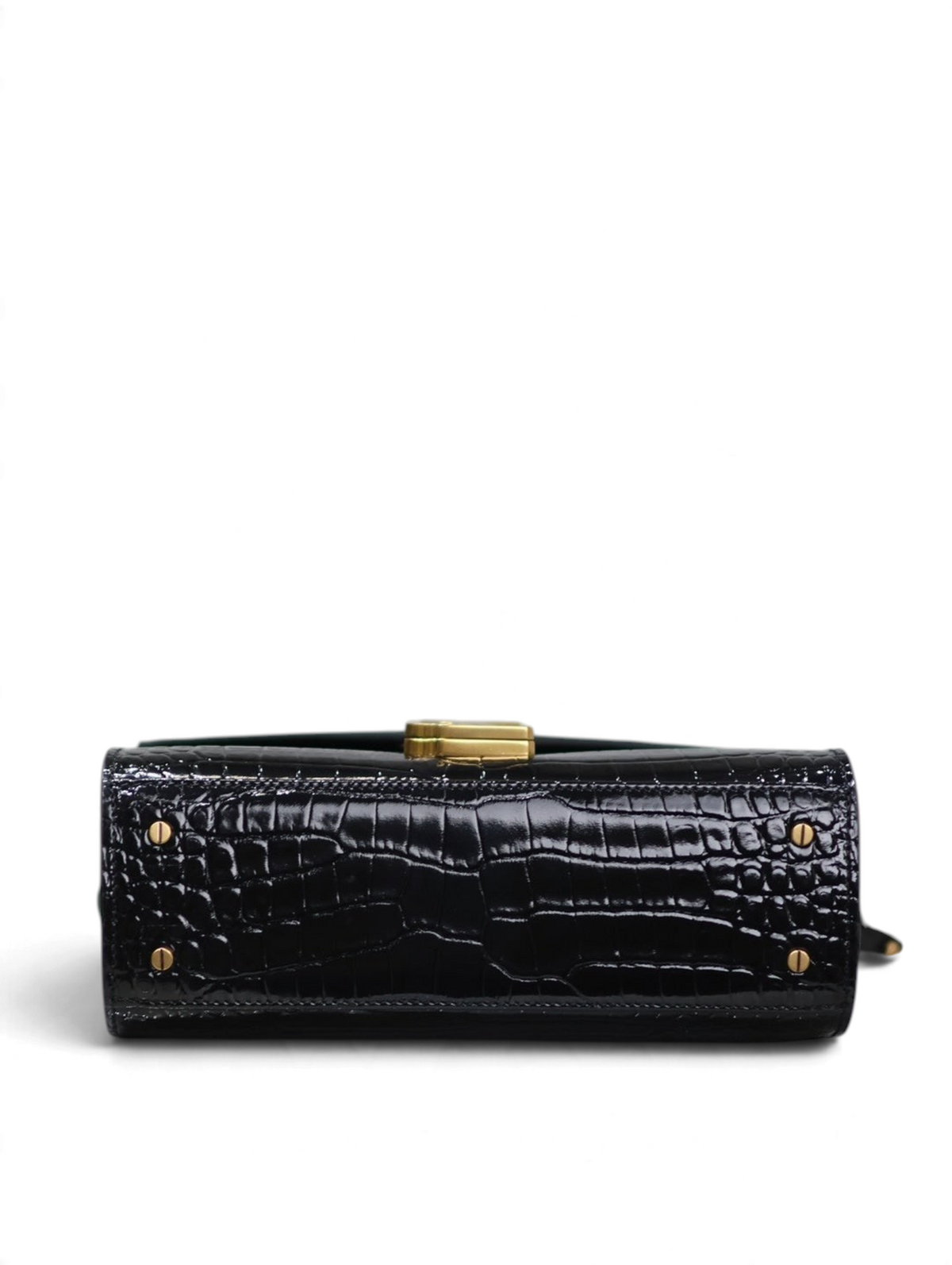 SWORD LUXURY Cassandra mini çanta, siyah timsah derisi görünümlü parlak deri, altın tonlu detaylar, alt görünüm.