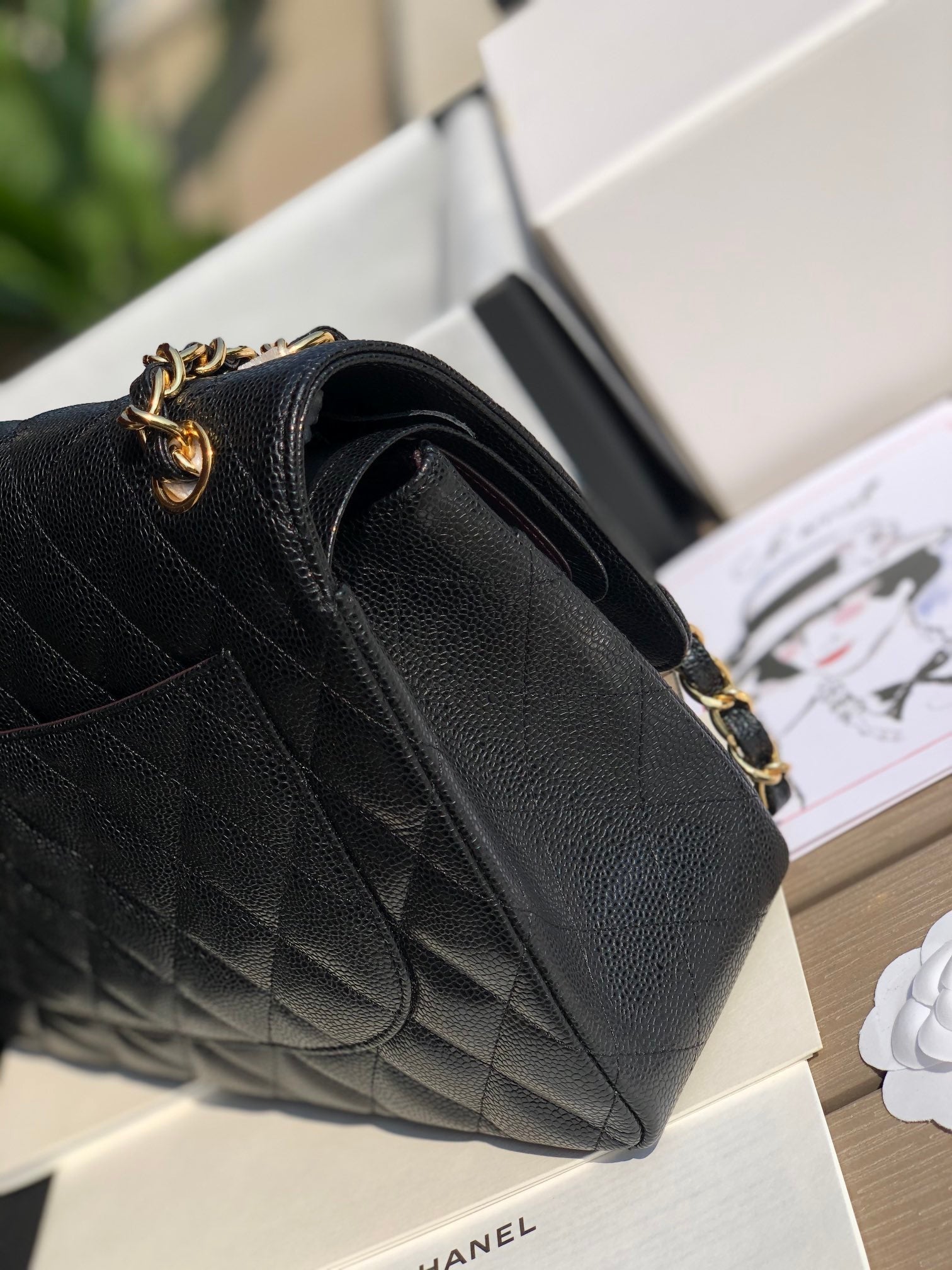 3.55 Large Caviar Leather Classic Double Flap Bag - Gold hardware