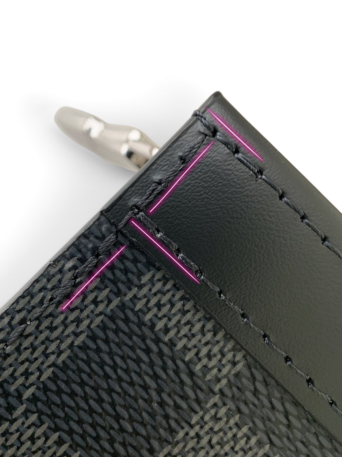 SWORD LUXURY Pochette Voyage clutch çanta detaylı siyah gri damier kanvas dikiş ve deri kenar görünümü
