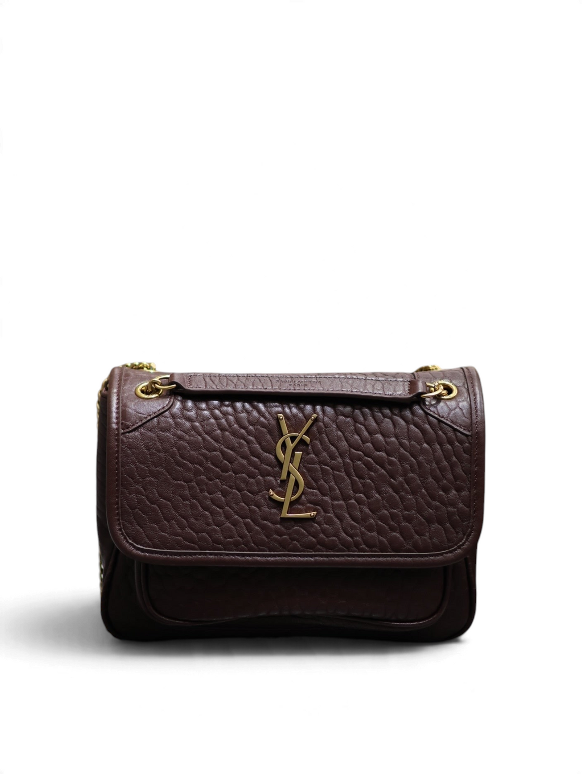 SWORD LUXURY kahverengi taneli deri YSL Niki çanta, altın tonlu monogram detaylı ve zincir askılı şık tasarım.