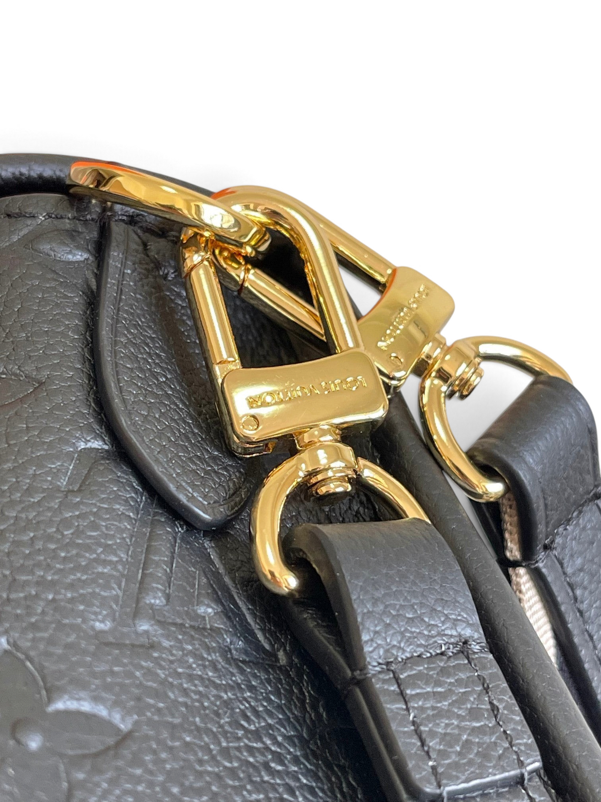 SWORD LUXURY Louis Vuitton Diane çanta üzerinde altın tonlu metal kanca detayı ve kabartmalı Monogram Empreinte deri