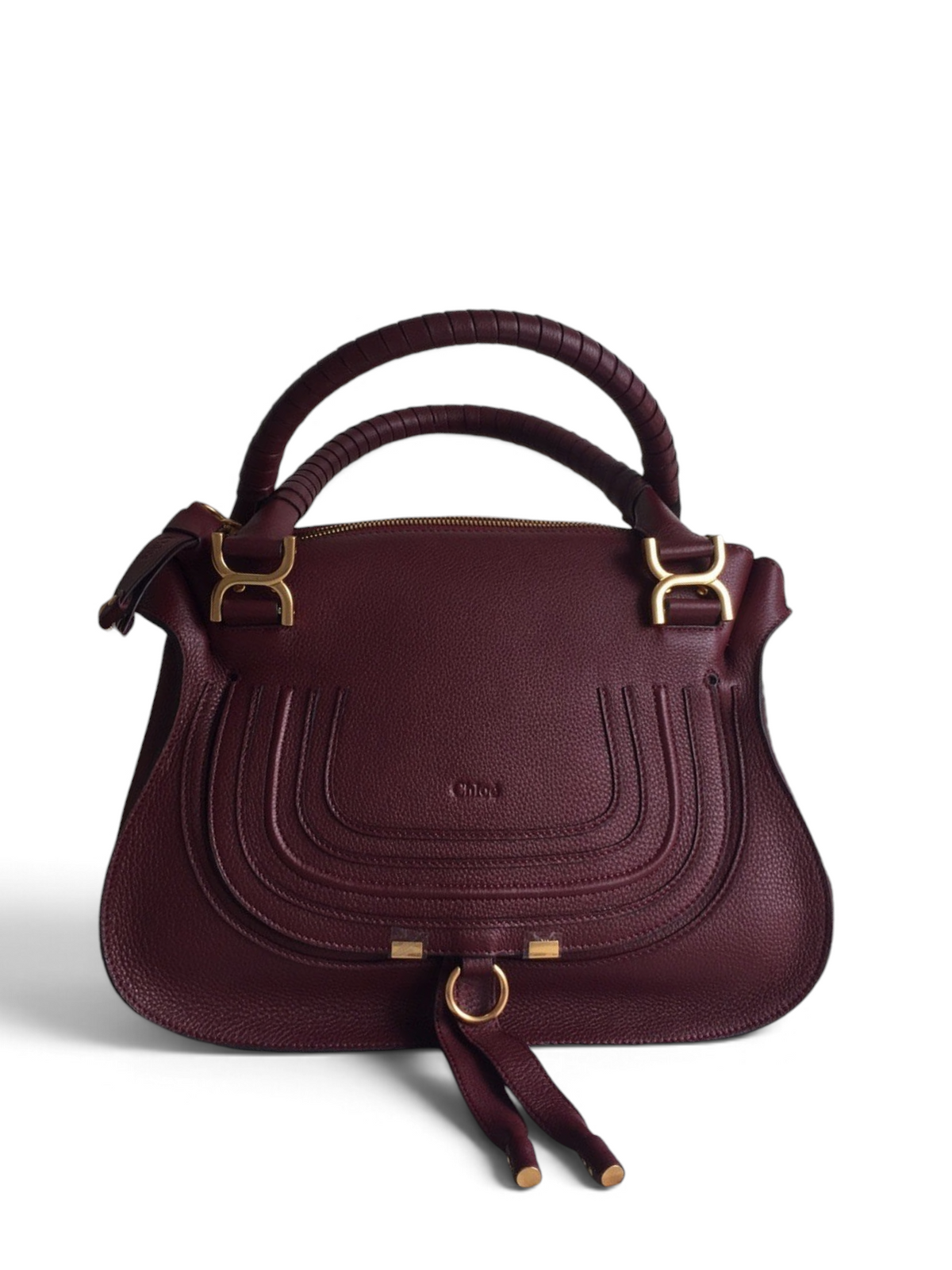 SWORD LUXURY Chloé Marcie bordo renkli, kavisli dikiş detaylı ve altın donanımlı lüks deri çanta.