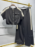 Black 2-Piece Luxury Set – Zip Top & Wide-Leg Pants