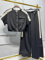 Black 2-Piece Luxury Set – Zip Top & Wide-Leg Pants