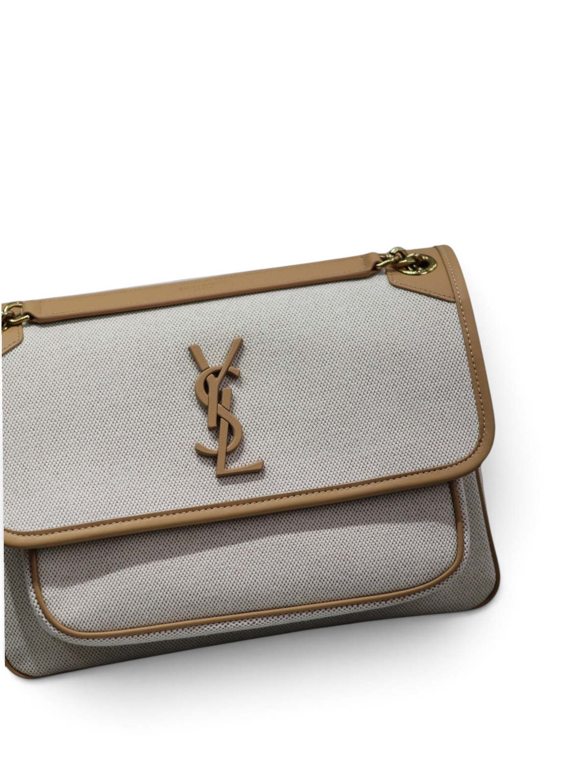 SWORD LUXURY Saint Laurent Niki orta boy kanvas ve taba deri detaylı omuz çantası, mat altın YSL monogram logolu.