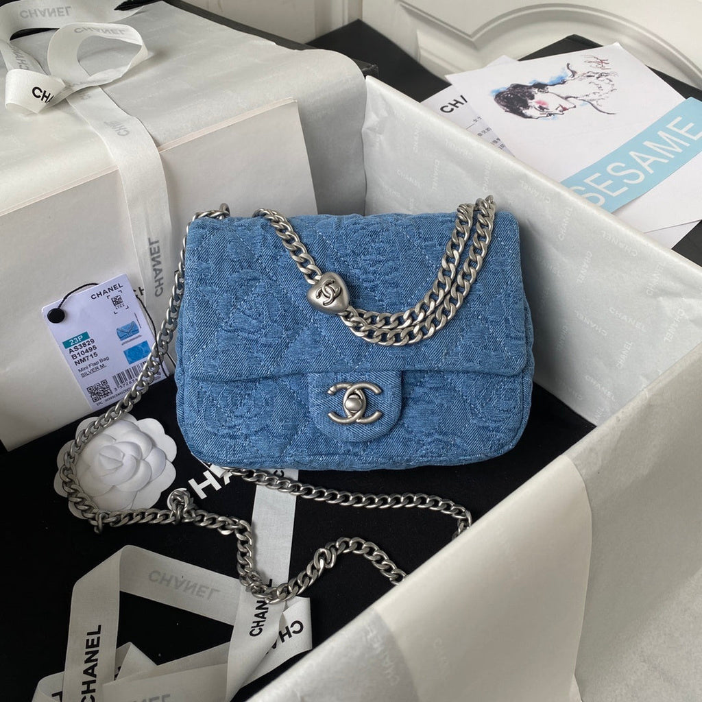Mini Flap Bag in Quilted Denim with Silver-Tone Chain