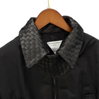 SWORD LUXURY siyah naylon bomber ceket, örgü deri detaylı yaka tasarımı ile