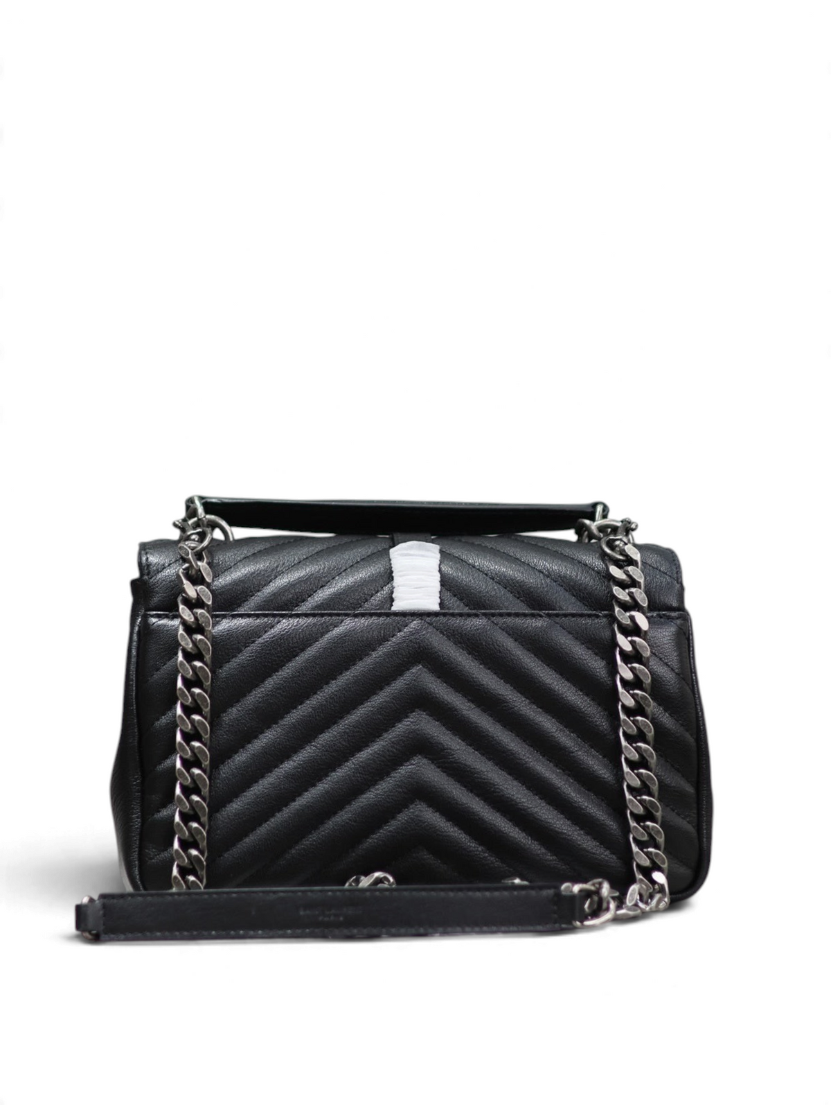 SWORD LUXURY siyah chevron kapitone deri Saint Laurent Collage çanta, gunmetal zincir askı ve YSL logo detaylı.