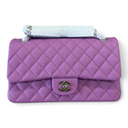SWORD LUXURY imzalı, kapitone desenli, mor renkli, caviar deri Chanel Classic Double Flap çanta.