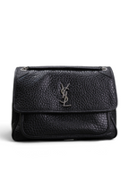 SWORD LUXURY marka, siyah damarlı deri, YSL logolu, zincir askılı şık omuz çantası.