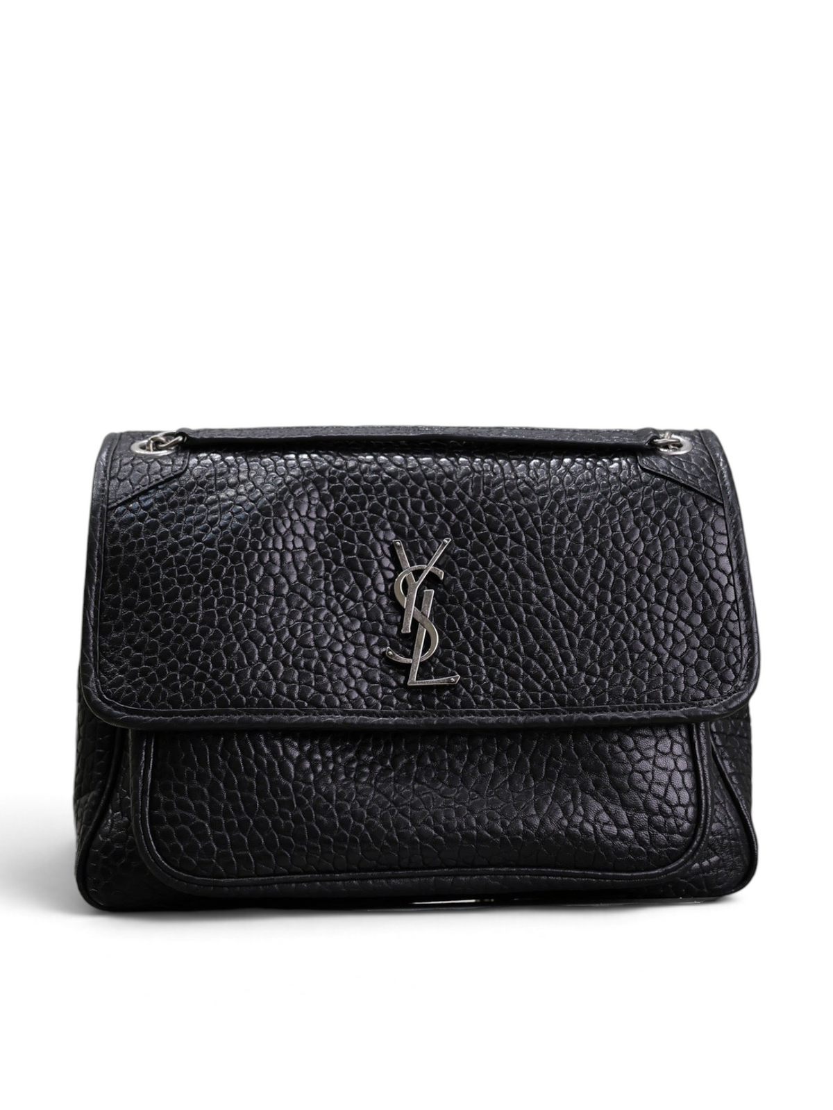 SWORD LUXURY marka, siyah damarlı deri, YSL logolu, zincir askılı şık omuz çantası.