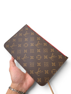 SWORD LUXURY Neverfull MM monogram kanvas çanta ve uyumlu fermuarlı cüzdan, kayısı rengi iç astarlı.