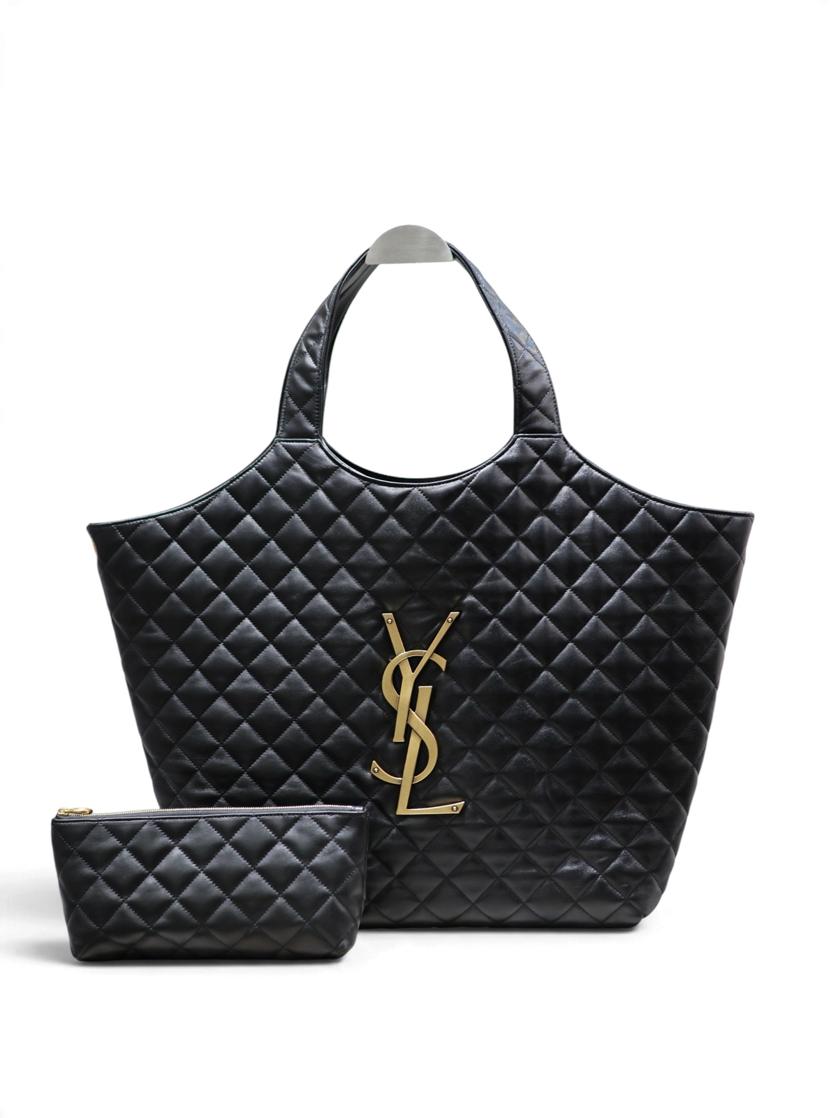 SWORD LUXURY siyah kapitone deri büyük boy tote çanta, altın tonlu YSL logolu ve uyumlu mini çantalı.
