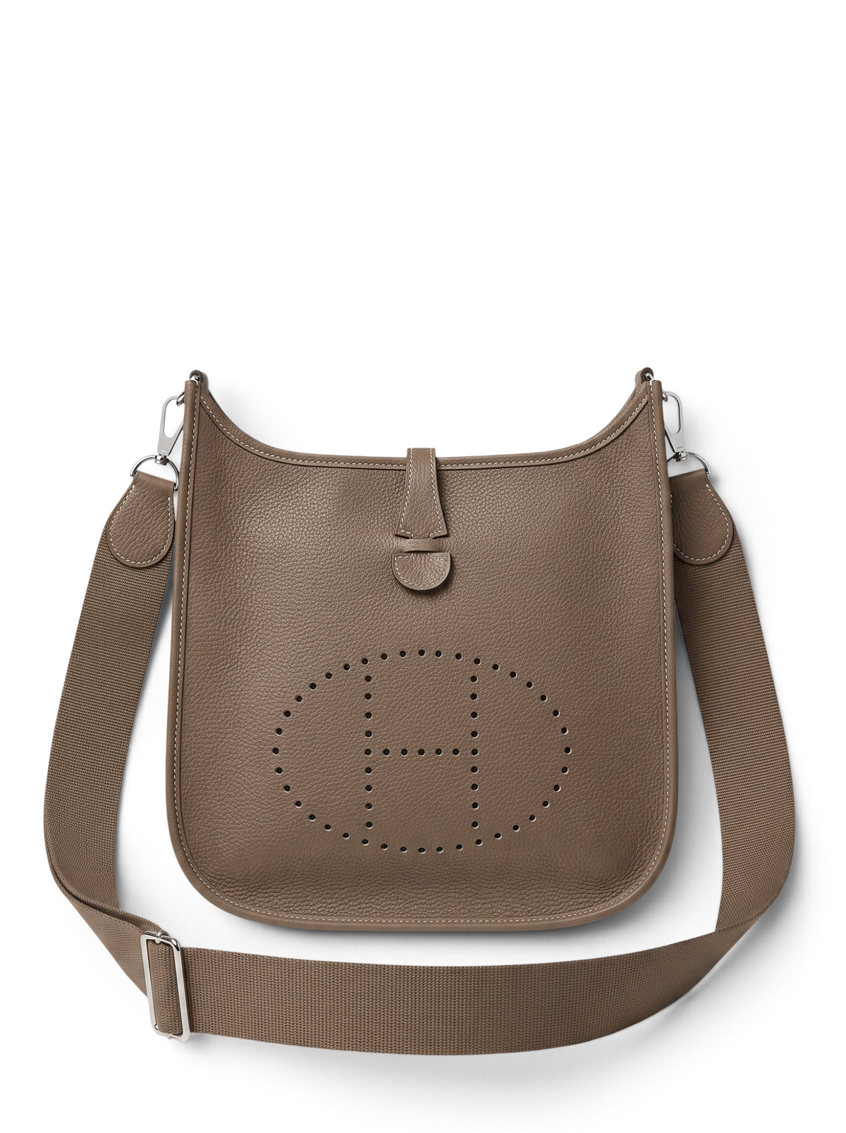 SWORD LUXURY marka, taupe renkli, delikli H logolu, ayarlanabilir kanvas askılı deri Hermès Evelyne PM 28 çanta.