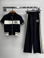 Black 2-Piece Luxury Set – Zip Top & Wide-Leg Pants