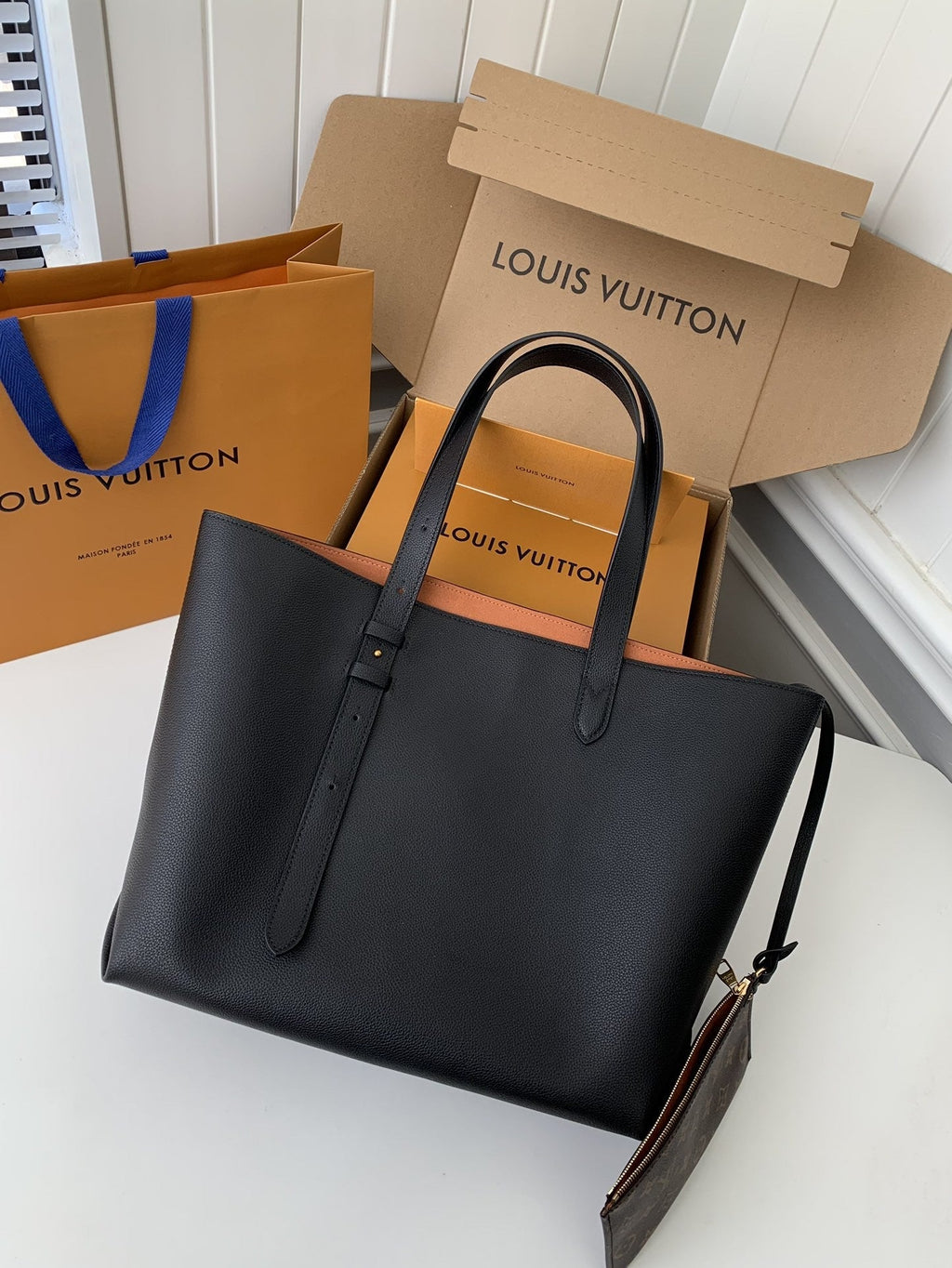 Calfskin Leather Tote Bag with Monogram Pouch