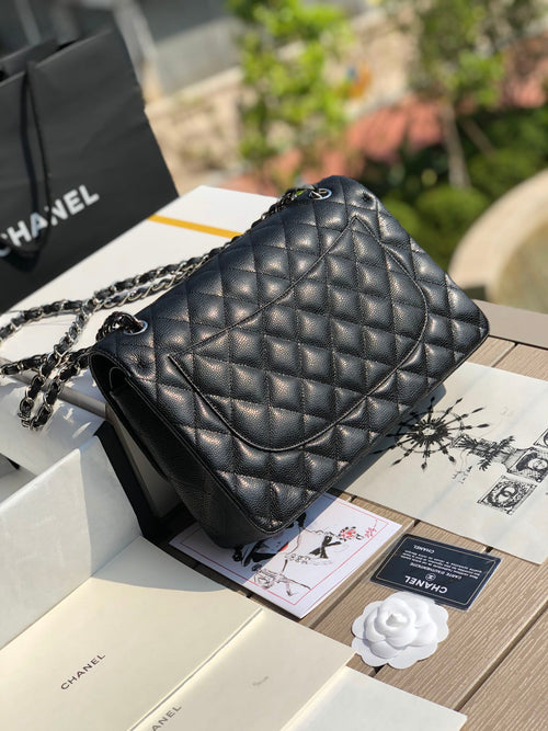 3.55 Large Caviar Leather Classic Double Flap Bag - Silver hardware