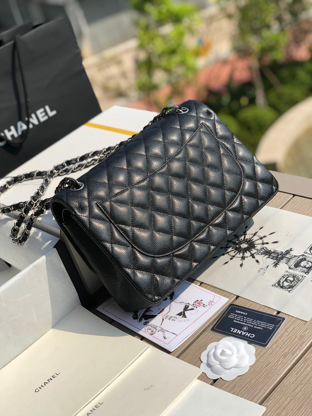 3.55 Large Caviar Leather Classic Double Flap Bag - Silver hardware