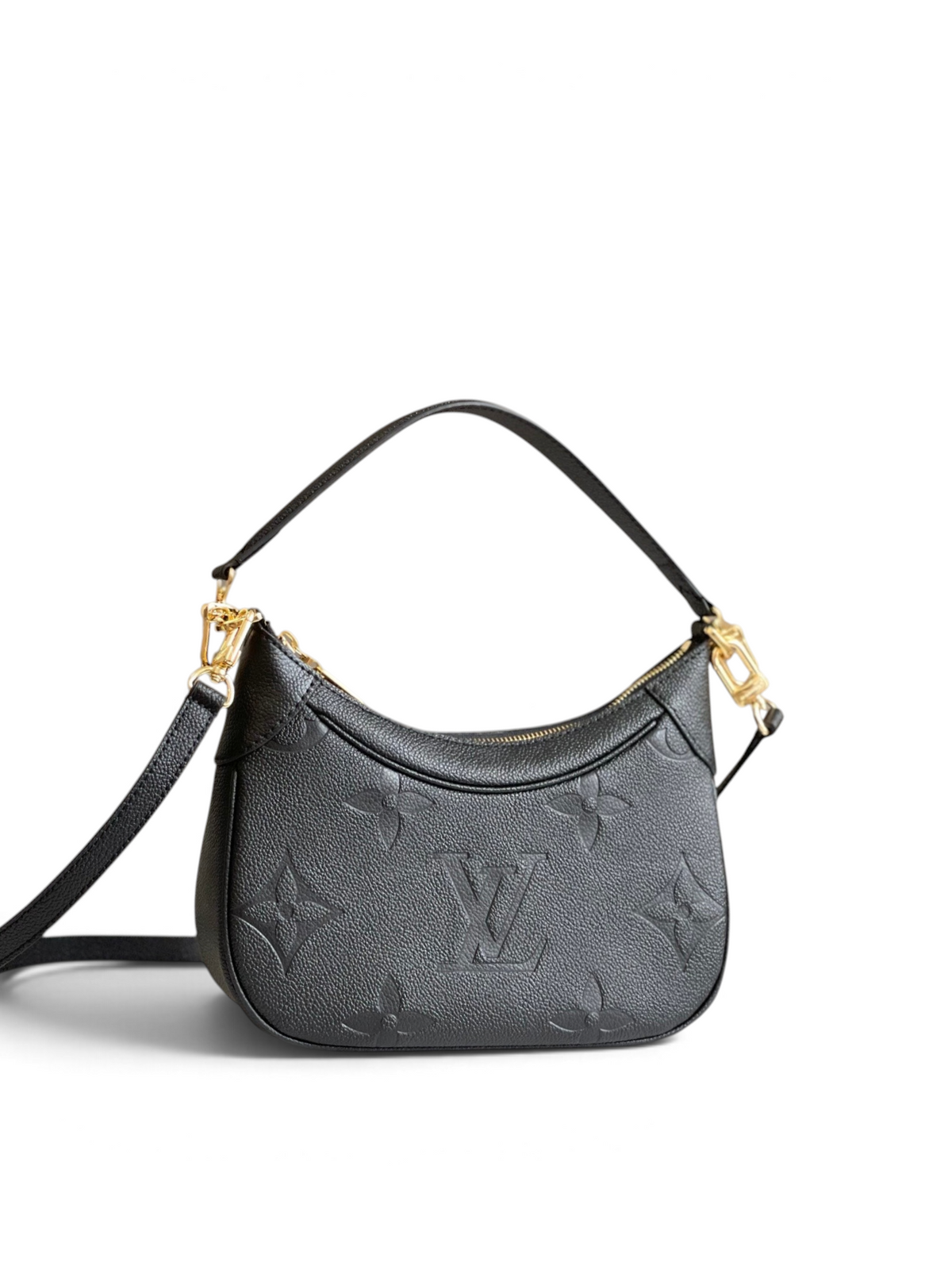SWORD LUXURY siyah Monogram Empreinte deri Mini Moon çanta, altın tonlu donanım ve ayarlanabilir askı detaylı.