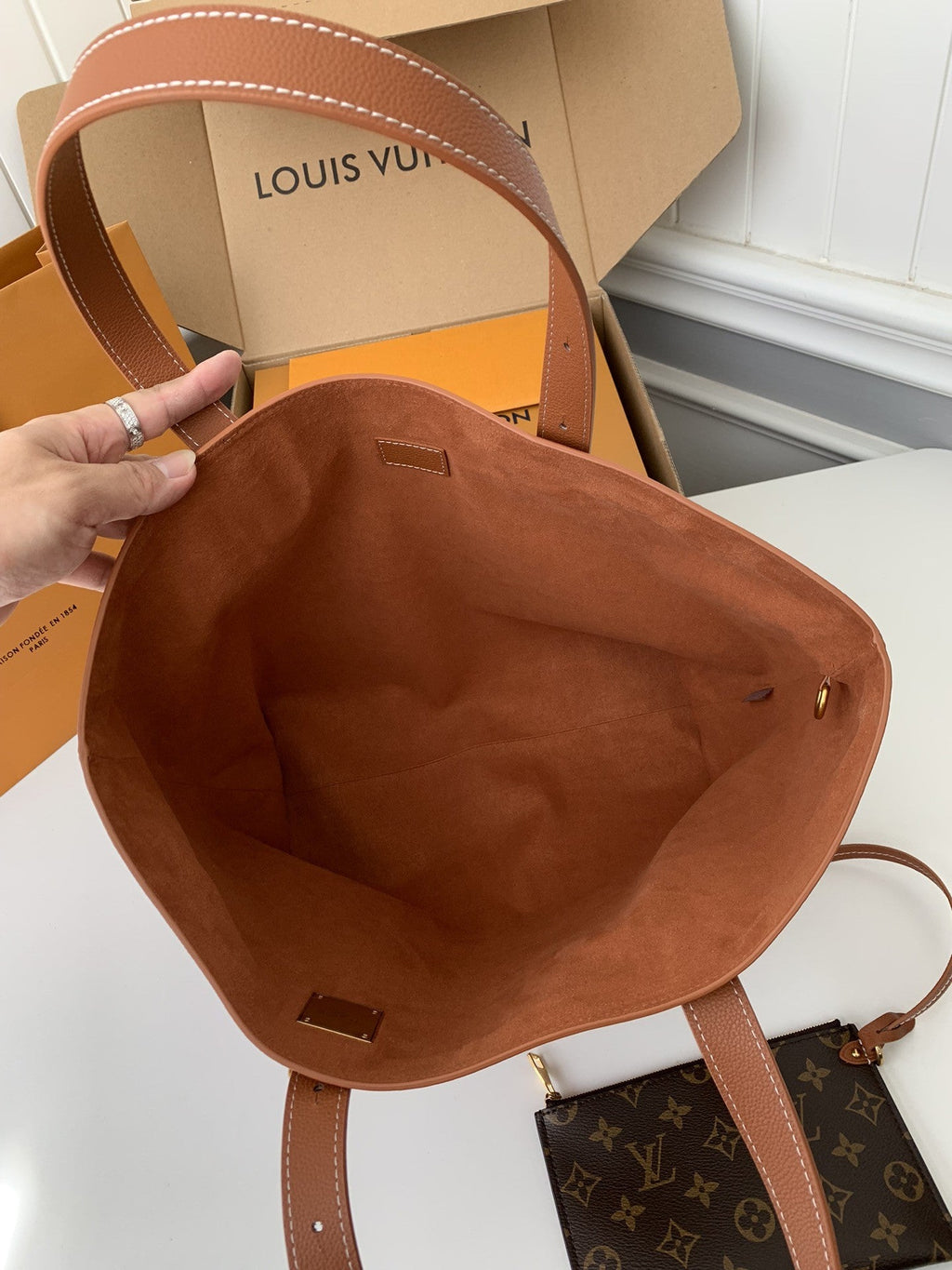Calfskin Leather Tote Bag with Monogram Pouch
