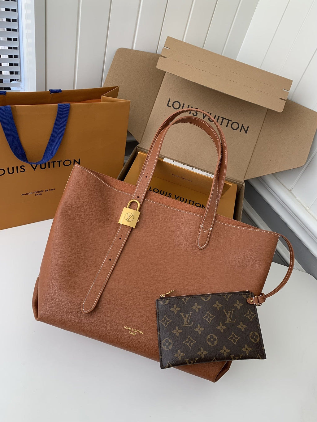 Calfskin Leather Tote Bag with Monogram Pouch