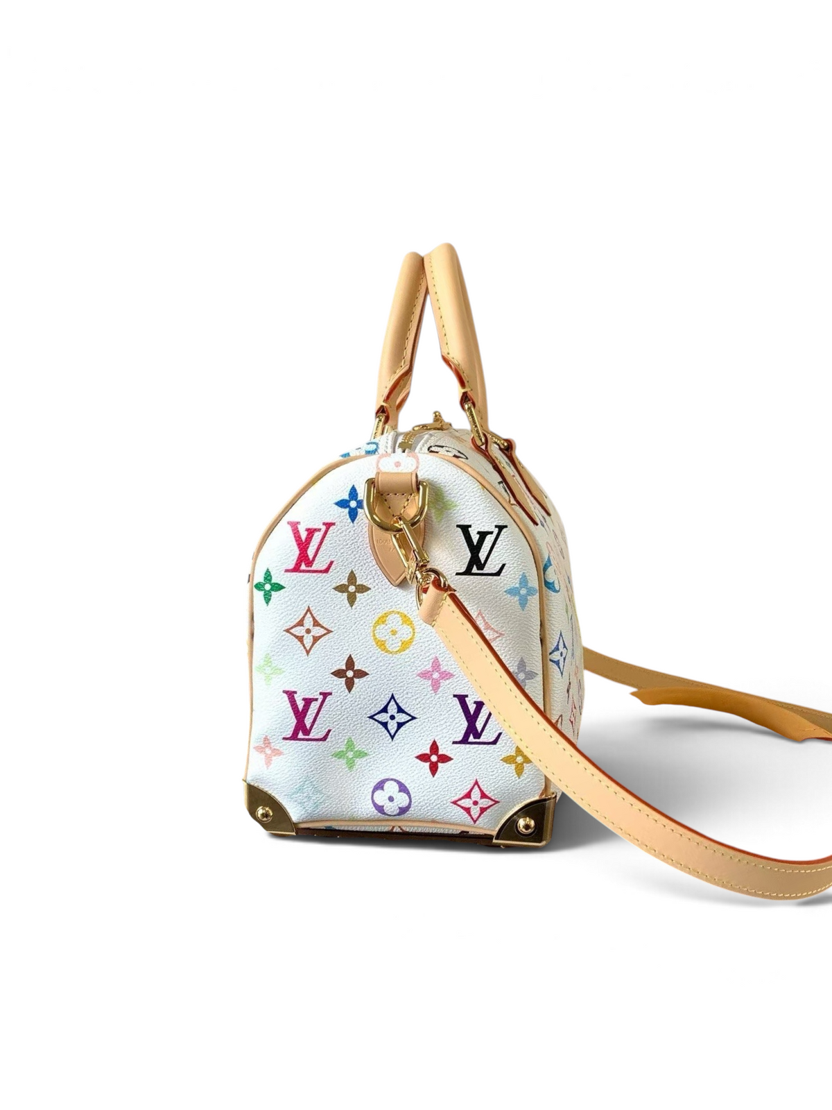 SWORD LUXURY beyaz kanvas Speedy Bandoulière 25 çanta, renkli monogram desenli, deri detaylı ve altın donanımlı