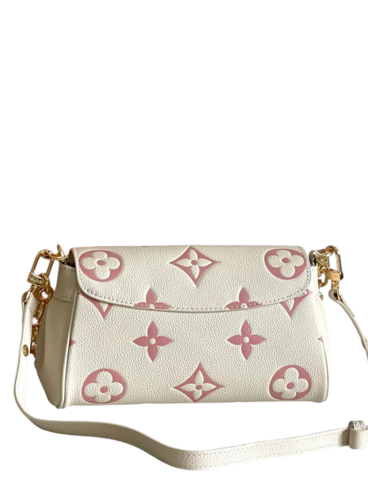 SWORD LUXURY Louis Vuitton Favorite çanta, bej ve pembe bicolour Monogram Empreinte deri, altın zincir detaylı.