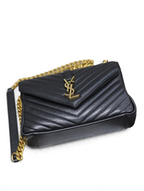 SWORD LUXURY siyah kapitone deri Saint Laurent Collage çanta, altın tonlu YSL monogram ve zincir askı detaylı.