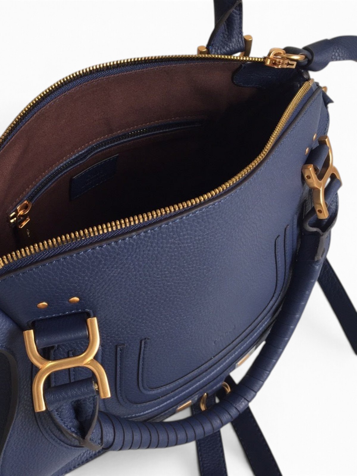SWORD LUXURY Chloé Marcie lacivert damarlı deri çanta, altın tonlu donanım ve fermuarlı iç bölme detaylı.